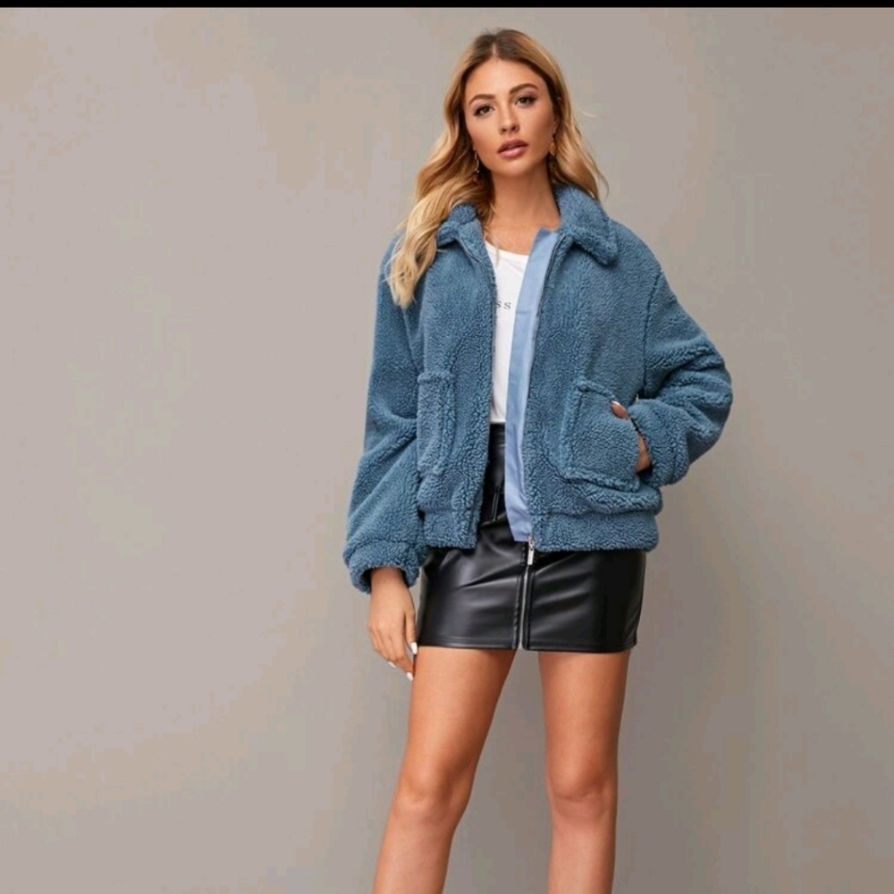 SheIn Zip Up Blue Teddy Spring Jacket - Picture 4 of 10